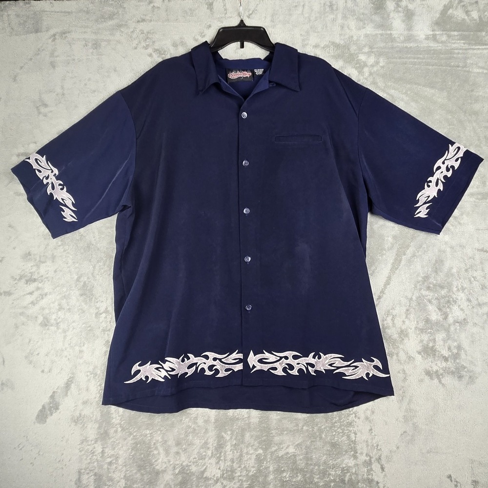 Sapphire Lounge Button Up Shirt Men's Embroidered Tribal Hem Blue Silver Y2K VTG